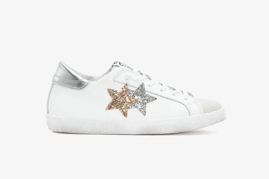 2STAR SNEAKERS LOW IN PELLE BIANCA DETT. ORO/ARGENTO