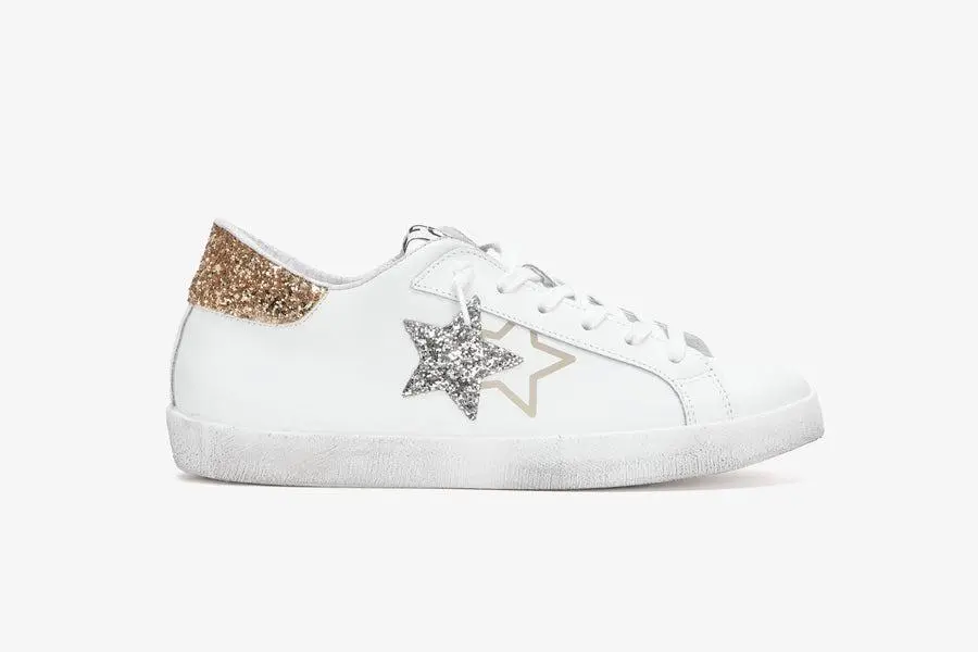 2STAR SNEAKERS LOW PELLE BIANCA GLITTER SILVER-ORO