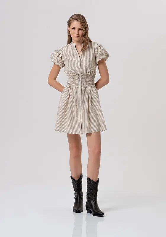 Abito Regular Mini in Cotone a Righe / Beige