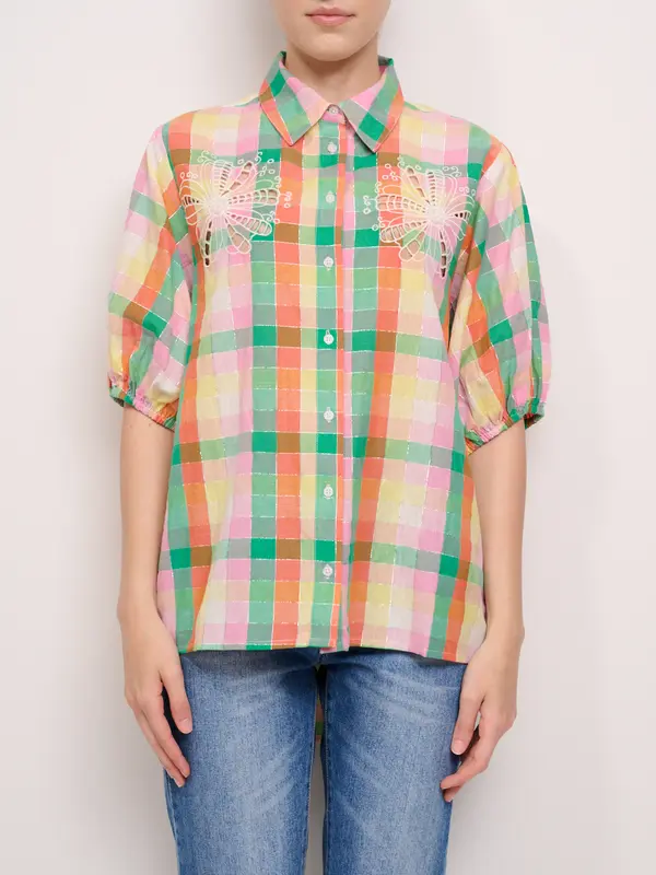 AN GE' - CAMICIA QUADRI RICAMO - ROSE