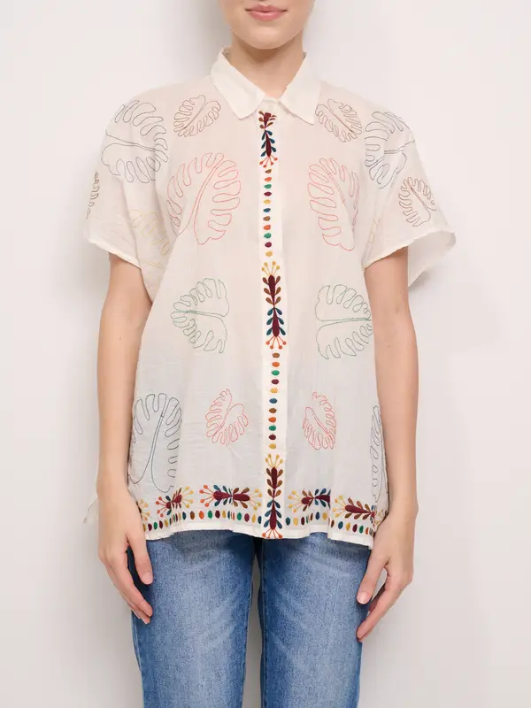 ANG E' - CAMICIA RICAMATA MEZZA MANICA - BLANC