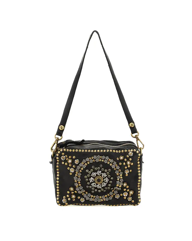 Bauletto Moira pelle nera borchie fiori