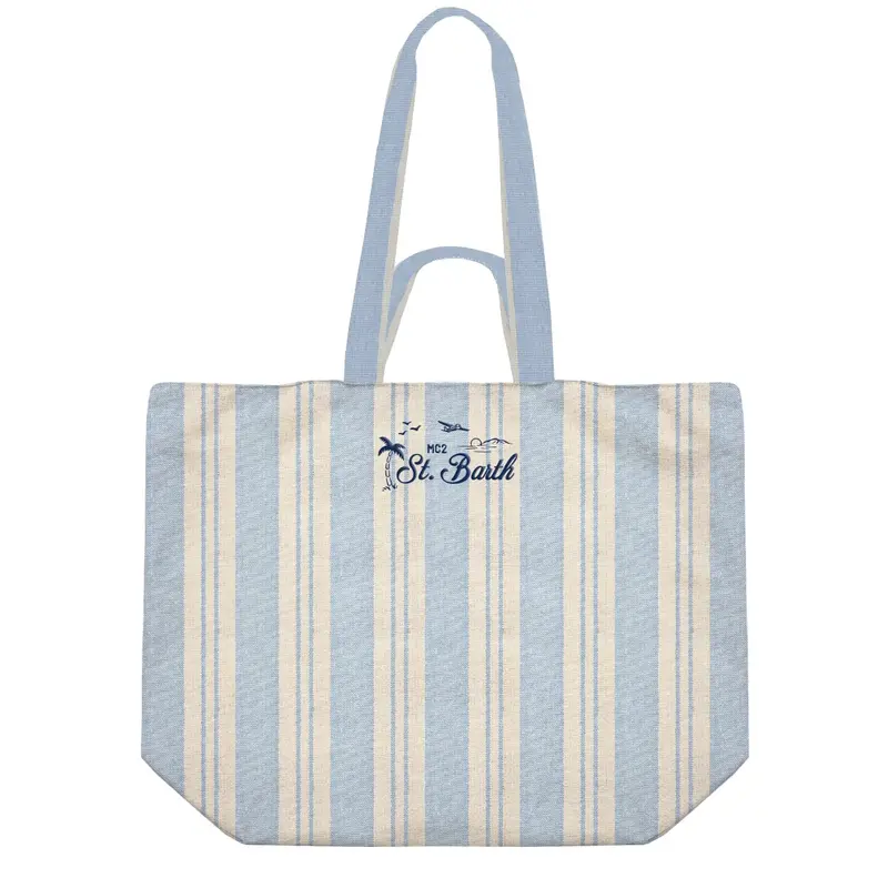 Borsa Tote Beach in Cotone a Righe / Celeste