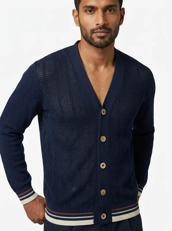 Cardigan in Cotone con Dettagli a Contrasto / Blu