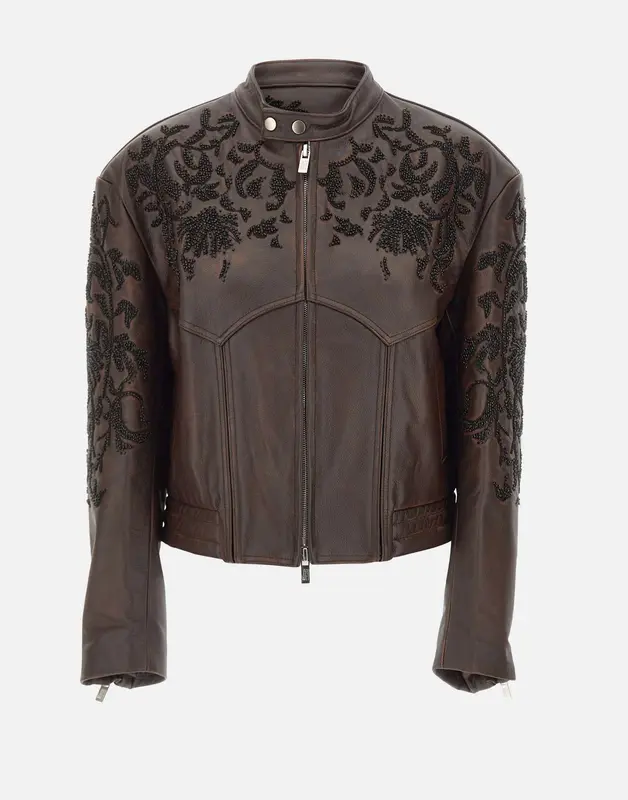 Giacca in pelle con ricamo floreale