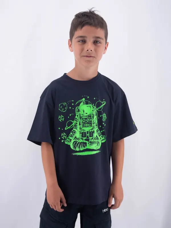 Hero T-shirt Over Fit Manica Corta Stampa Yoga Astronauta Ricamo Leet