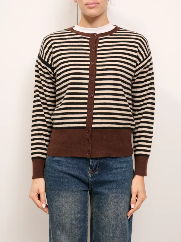 IDENTITY -MAGLIA BOTTONI GIROCOLLO RIGATA - MORO/BEIGE/NERO