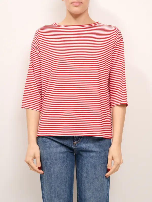 IDENTITY - MAGLIA RIGATA OVER MANICA 3/4 - ROSSO/PANNA