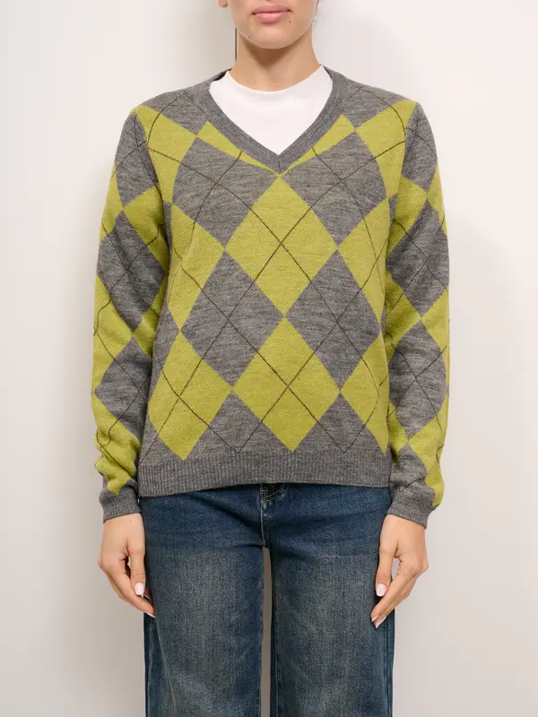 IDENTITY - MAGLIA ROMBI SCOLLO V - GRIGIO/LIME