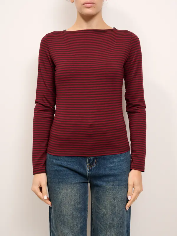 IDENTITY - MAGLIA SCOLLO BARCA RIGATA - MORO/ROSSO