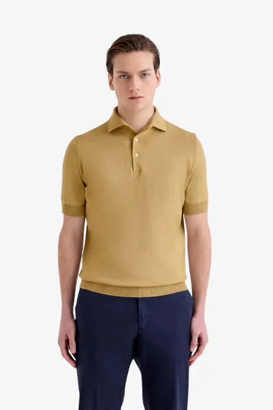 Maglia a Polo in Cotone Crepe / Beige