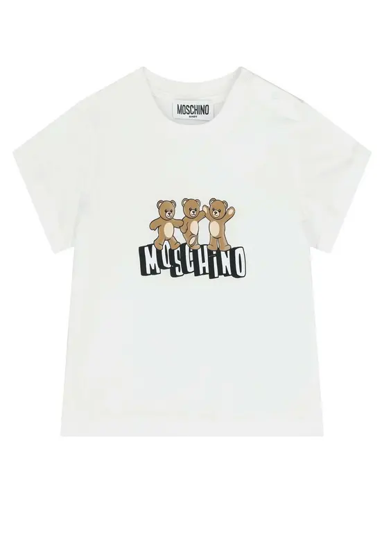 Moschino T-shirt Bianca con Logo e Tre Teddy Bear