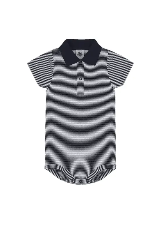 Petit bateau Body con Colletto Polo in Cotone Rigato A Manica Corta Bebè Biologico