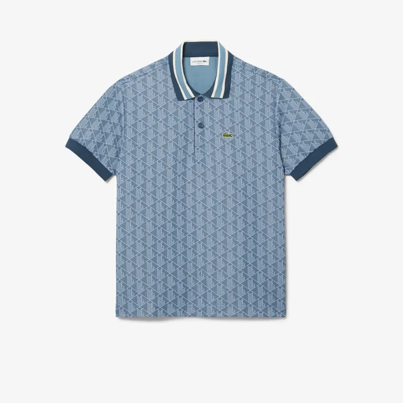 Polo dal Taglio Classico in Jacquard con Monogramma / Celeste