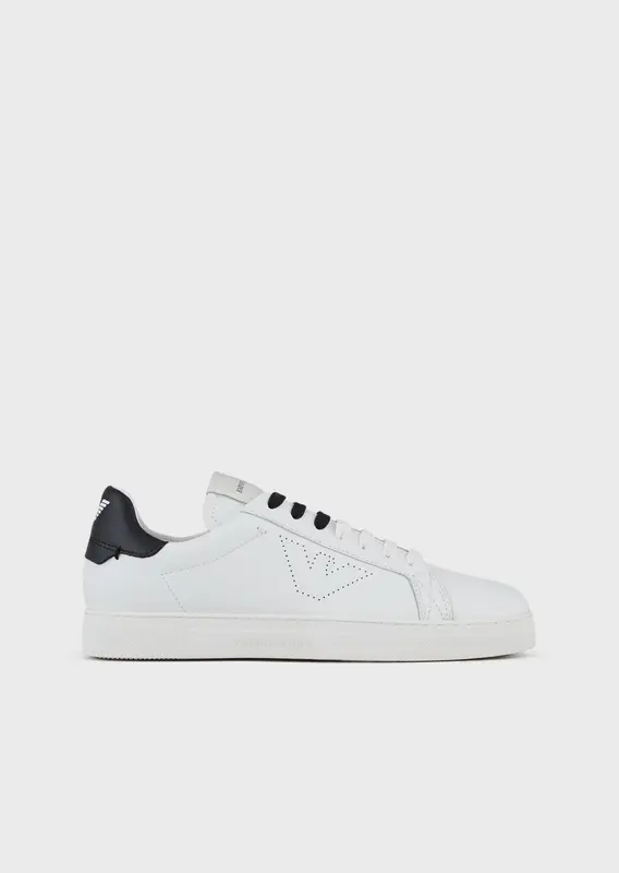 Sneakers in pelle con lacci bicolore e eagle traforata / Bianco