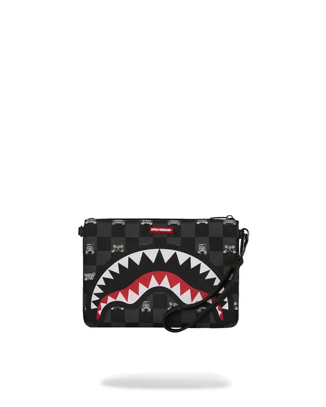SPRAYGROUND GRAY PEEKING CHARACTERCHECK CROSSOVER CLUTCH