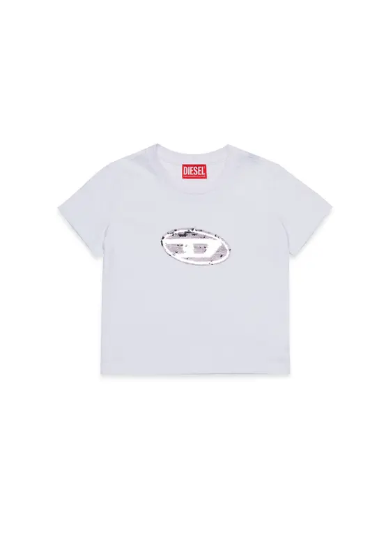 T-shirt bianca con logo pailettes