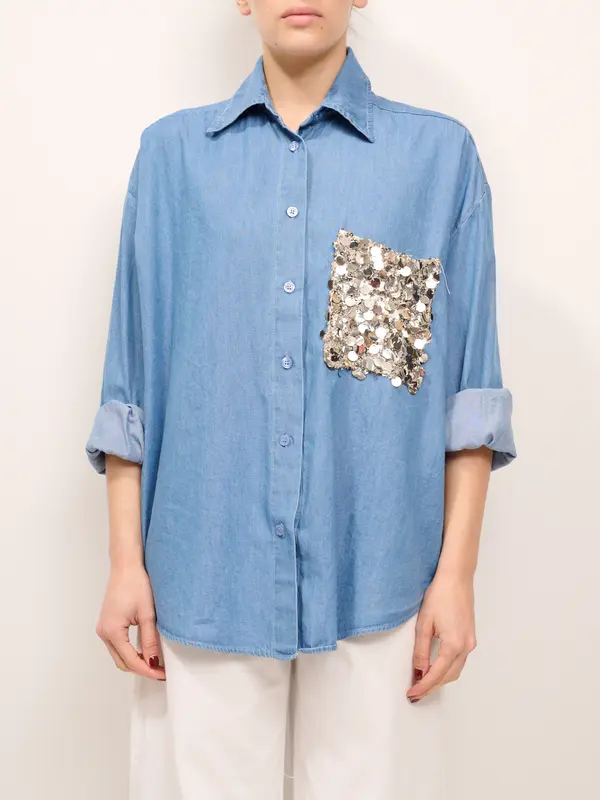TENSIONE IN - CAMICIA JEANS TASCA PAILLETTES - DENIM