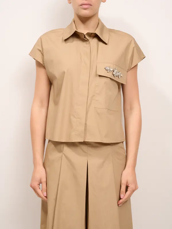 TENSIONE IN - CAMICIA SENZA MANICA STRASS TASCA - CAMEL