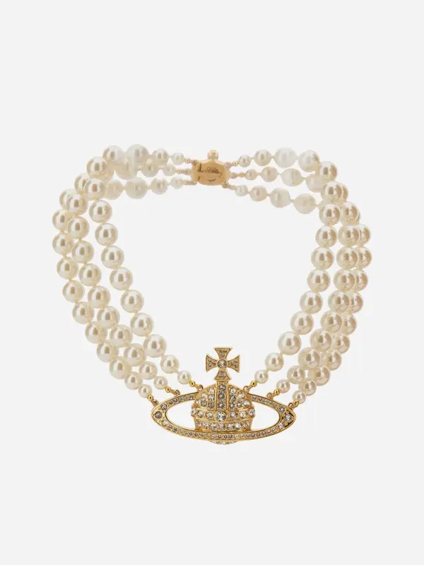 "Three Row Pearl Bas Relief Choker"