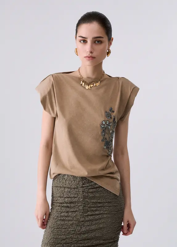 Top in Jersey con Ricamo / Beige
