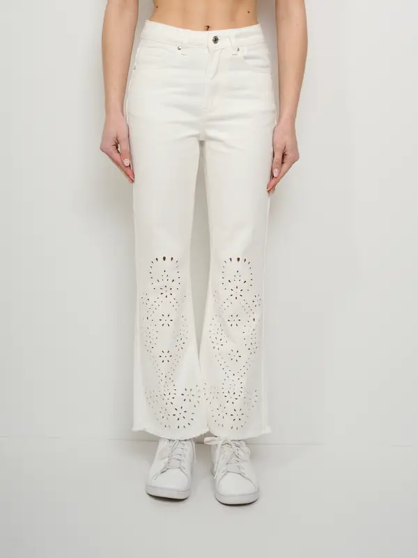 VICOLO - JEANS ZAMPA RICAMO - BIANCO